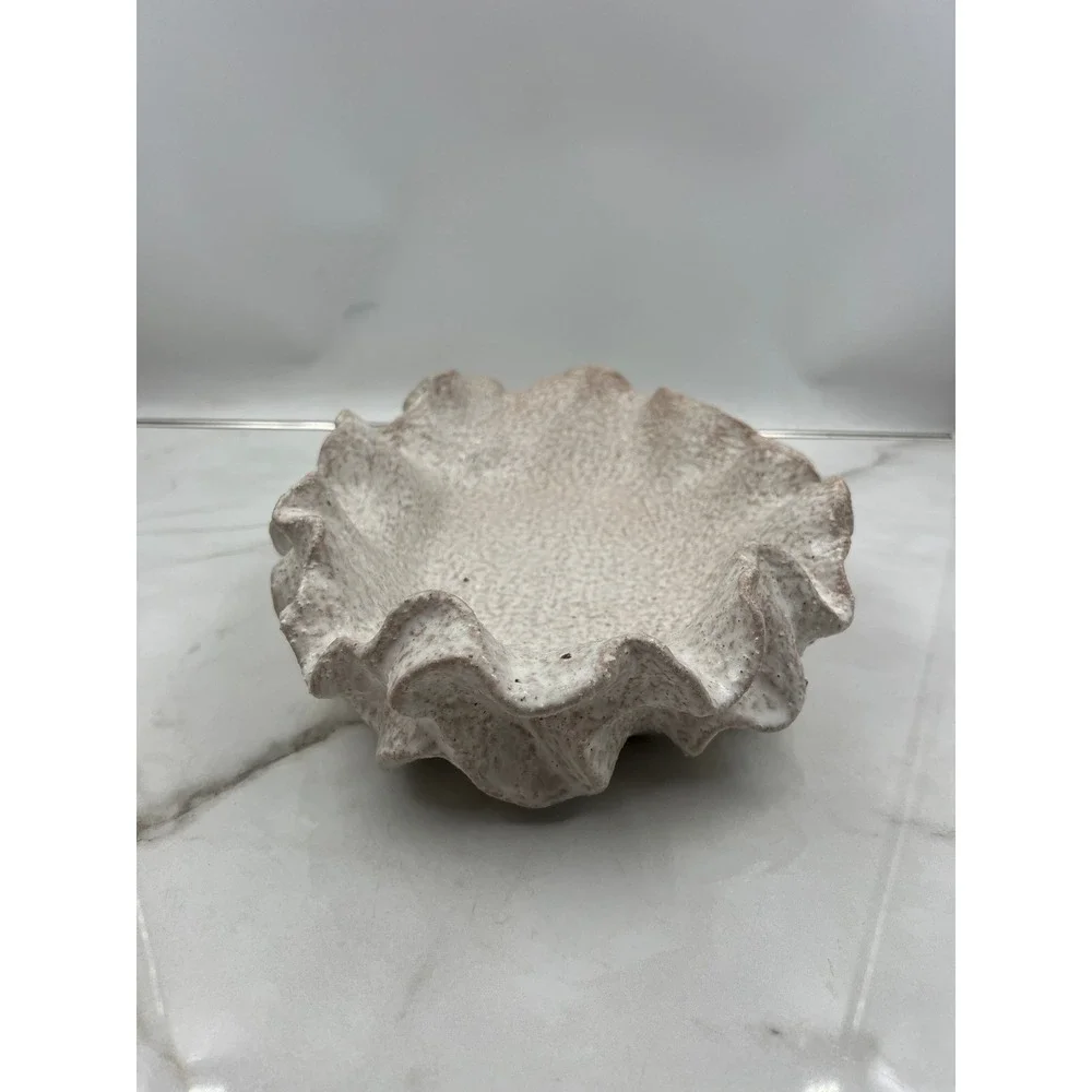 Ceramic Sylvia Bowl Planter Ruffled Clam Shell Speckled Neutral Coastal